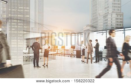 People are walking in office and discussing business issues in twos and threes. Large city with skyscrapers on the foreground. 3d rendering. Toned image. Double exposure