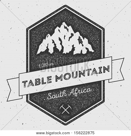 Table Mountain In , South Africa Outdoor Adventure Logo. Pennant Expedition Vector Insignia. Climbin
