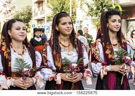 SELARGIUS, ITALY - September 13, 2015: Former marriage Selargino - Sardinia - Portrait of beautiful girls in the folk group Don Milani of Dorgali