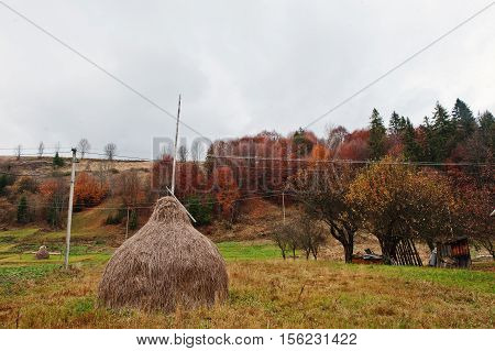 Haycock On Small Village On Carpathian Mountains On Autumn