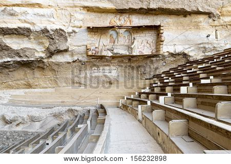 Side wall of Mary and St. Simon the Tanner Cathedral. The biggest church in Saint Samaan The Tanner Monastery, located on the opposite side of the road leading to Cairo Citadel. The monastery contains seven Churches and Chapels hidden in a series of caves