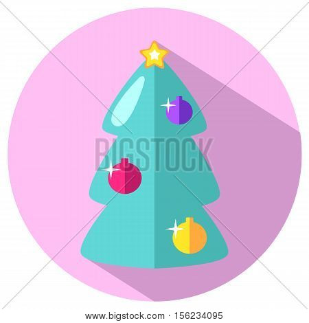 Mint green fir tree with ornament and star on pink background. Pink and mint fir tree flat vector icon. Christmas or New Year stamp or logo with fir tree. Christmas fir tree isolated design element