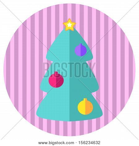 Pink and mint fir tree flat style vector icon. Retro style Christmas or New Year stamp or logo with fir tree. Ornament fir tree icon on round background. Flat style Christmas icon. Winter holiday icon