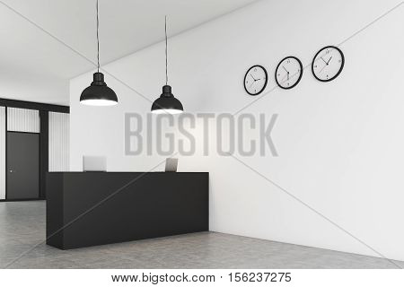 Side view of an office counter standing in a lobby with three clocks on white wall. Black door is seen in the background. 3d rendering. Mock up
