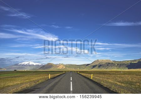 Isolated Road To Snaefellsjoekull Mountain At Iceland, Summer Time