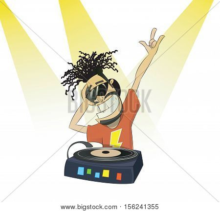 Nice cartoon DJ and his equipment making dance music. dj vector party.