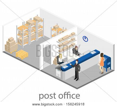 Isometric Flat 3D Interior Of Post Office.