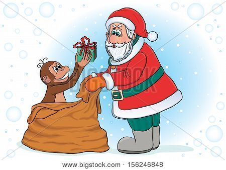 Christmas vector illustration with Santa and a monkey