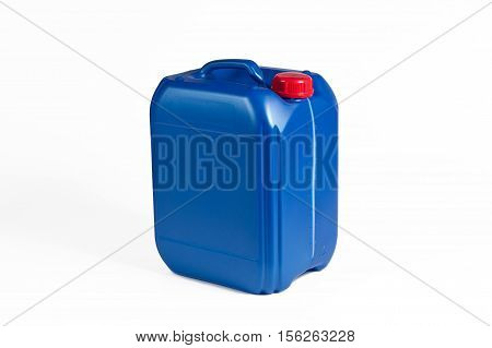 Blue plastic jerrycan whith red cap on white background.