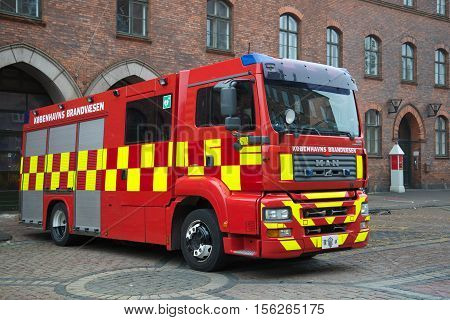 COPENHAGEN, DENMARK - NOVEMBER 01, 2014: Fire truck MAN TGM closeup. The tourist landmark of the city Copenhagen, Denmark