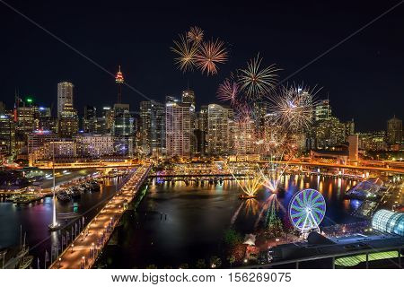 Sydney, Australia - November 12, 2016 : Fireworks At Darling Harbour, Adjacent To The City Center Of