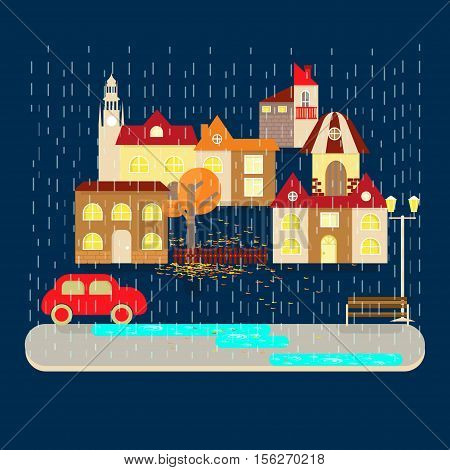 Autumn weather colorful landscape banner. Its rainy. Small town landscape in flat style. Vector illustration