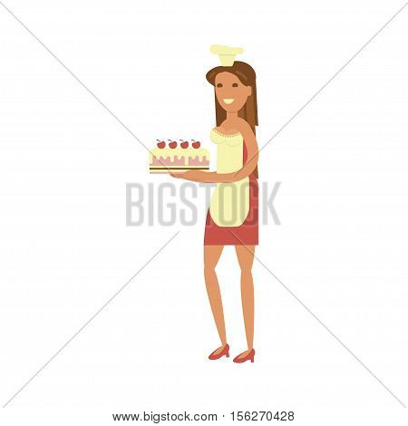 Confectioner cartoon character with cake. Pastry-cook female in Flat design. Vector illustration.