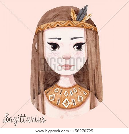 Beautiful watercolor hand drawn girl as a symbol of horoscope sign sagittarius