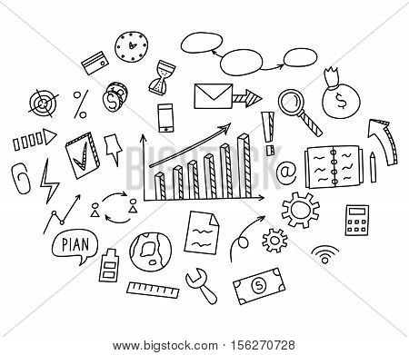 Hand draw doodle elements money and coin icon chart graph. Concept business finance analytics earnings. Vector illustration.
