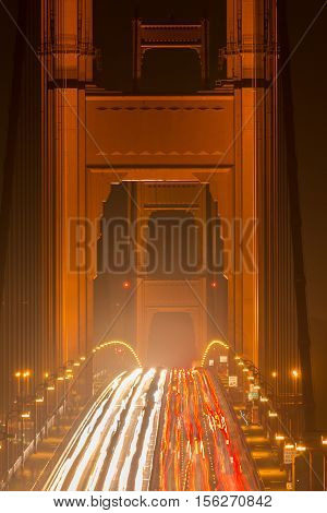 The Golden Gate Bridge View Close-up at night in San Francisco, California, USA