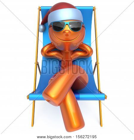 New Year's Eve man smiley character Merry Christmas sunglasses Santa Claus hat person happy Xmas vacation chilling beach deck chair enjoy travel sun lounger chaise sunbathe rest relax. 3d illustration
