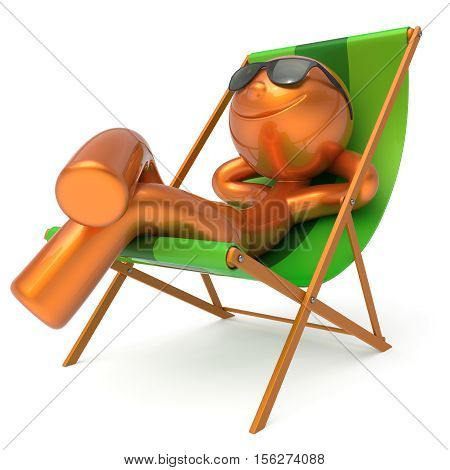 Man rest beach deck chair sunglasses smiley summer cartoon character chilling stylized person sun lounger tourist have fun sunbathe outdoor vacation lifestyle travel destination relax. 3d illustration