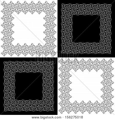Set of four square lacy frames with stylized four-petal floral motifs for border design. Vector ornamental background with place for text. Graphic design elements.