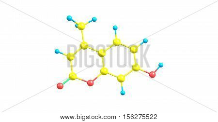 Hymecromone is a drug used in bile therapy. It is used as choleretic and antispasmodic drugs and as a standard for the fluorometric determination of enzyme activity. 3d illustration