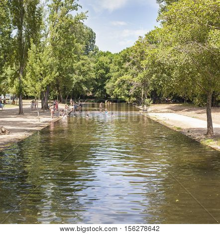 La Codosera Spain - June 26 2016: swimmers at natural pools of Gevora River a summer day Badajoz Spain