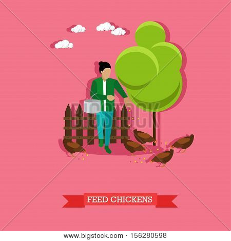 Farmer feeds the chickens on backyard with metal bucket in the hand. Farming, animal breeding. Vector illustration in flat design.