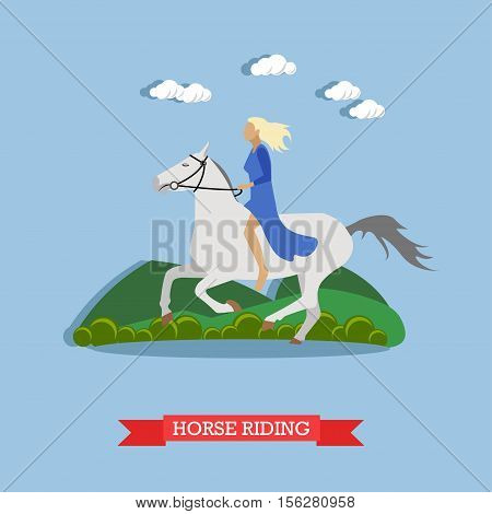 Blonde girl in blue dress, holding stirrup, riding a white horse bareback. Vector illustration in flat design. Side view