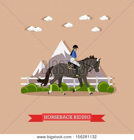 Young girl jockey riding horse in the saddle with helmet and hold bridle. Horse dressage, doing exercise and showing skills. Side view, vector illustration in flat design style