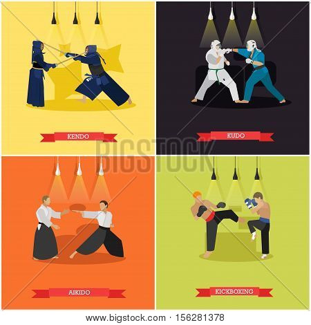 Vector set of martial arts. Kendo, kudo, aikido and kickboxing. Fighters in sport positions.Flat design.