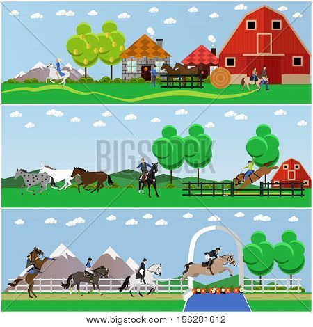 Vector banners of horse riding. Equestrian sport, amateur riding, american rodeo, training and dressage, show jumping. Flat design