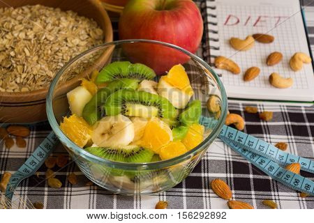 Delicious fruit salad in a glass bowl for diet