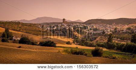 A beautuiful sunset view of the town of Alhama de Granada Andalucia Southern Spain