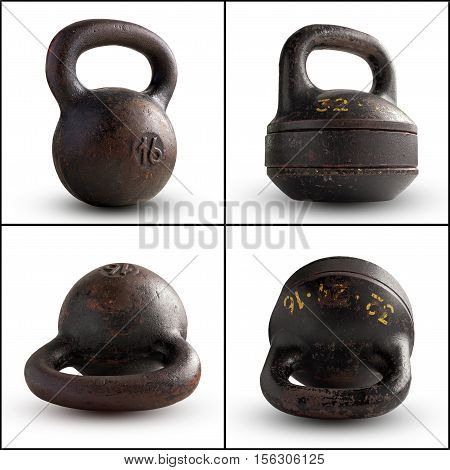 Cast-iron kettlebell 16 kg and collapsible kettlebell 32 kg isolated on white background. Sports equipment.