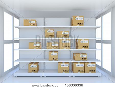 White room with steel shelves and cardboard boxes. 3D illustration