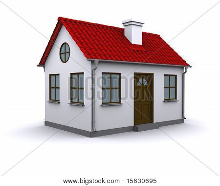 Una piccola casa con tetto rosso su sfondo bianco