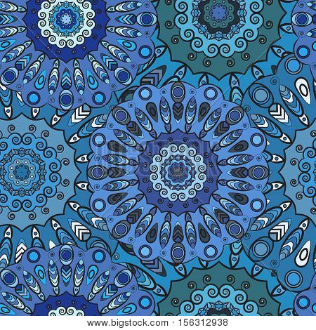 Print Blue colored seamless pattern with eastern floral orament. Floral oriental design in aztec, turkish, pakistan, indian, chinese, japanese style