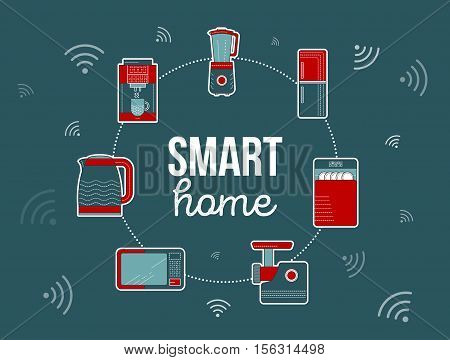 Smart home illustration. Kitchen smart electronics icon. Winter home appliances, household consumer electronics. Smart home banner