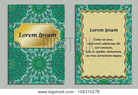 Card or invitation in oriental style with eastern floral mandalas ornament. Islam, Arabic, Indian, ottoman, chinese, japanese motifs in green colors