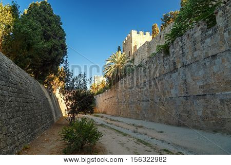 inner wall and fortress of the Rhodes Greece