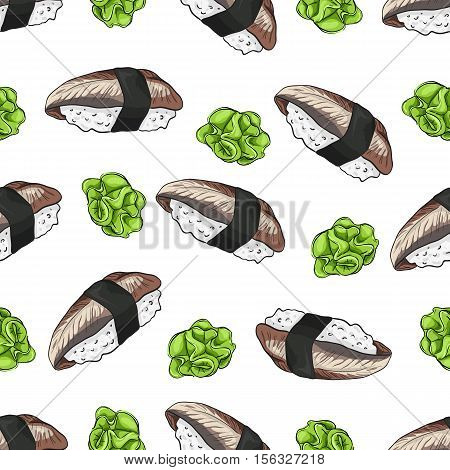 Vector seamless pattern unagi nigiri Sushi with wasabi, color
