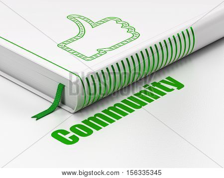 Social network concept: closed book with Green Thumb Up icon and text Community on floor, white background, 3D rendering