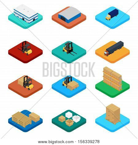 Vector illustration. Set of isometric icons storage packaging and delivery. Warehouse truck forklift pallets with boxes.
