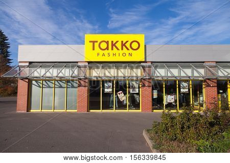 BURG / GERMANY - NOVEMBER 13 2016: Branch from TAKKO fashion shops. TAKKO is one of the largest German textile traders with over 1900 branches in Germany and other European countries.