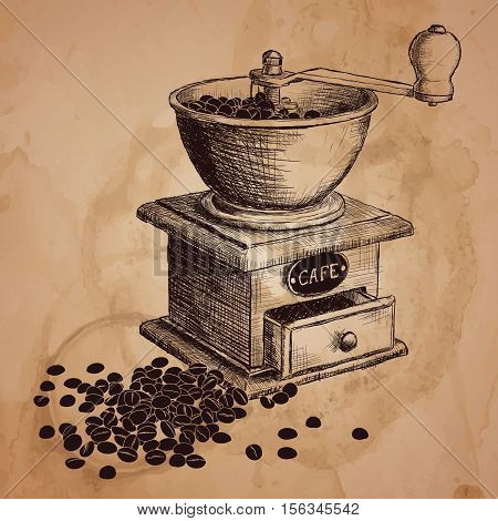 Coffee mill. Hand drawn illustration. Color can be changed in one click