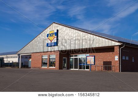 BURG / GERMANY - NOVEMBER 13 2016: Branch from NP supermarket chain. Niedrig-Preis market is a food discounter with the dissemination area in northern Germany.
