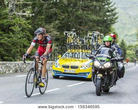 Col du Tourmalet France - July 242014: The German cyclist Marcus Burghardt of BMC Racing Team climbing the difficult road to Col du Tourmalet in Pyrenees Mountains during the stage 18 of Le Tour de France 2014.