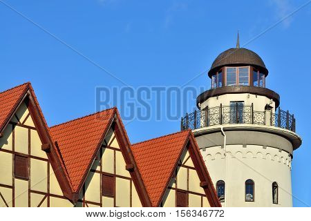 Lighthouse in the fishing village. Kaliningrad, formerly Kenigsberg, Russia
