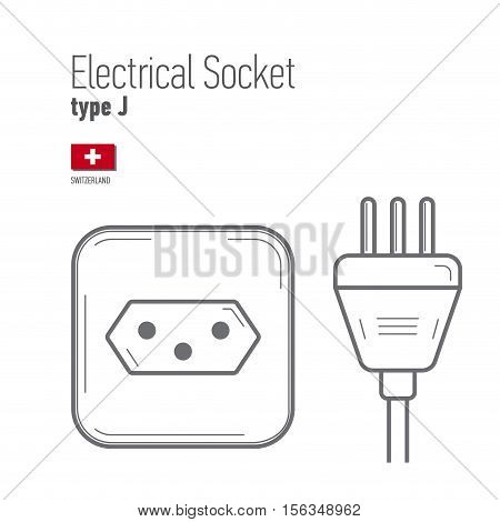 Switches and sockets set. Type J. AC power sockets realistic illustration. Different type power socket set vector isolated icon illustration for different country plugs.