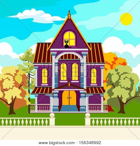 Beautiful park in the fall. Trees with red and yellow leaves. Sun and clouds. Among the trees tall house with columns. Black cat in the attic.