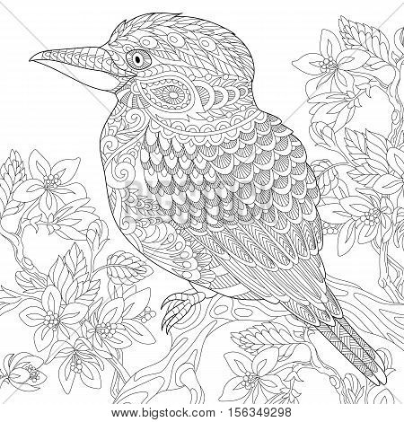 Stylized australian kookaburra bird and cherry blossoming tree. Freehand sketch for adult anti stress coloring book page with doodle and zentangle elements.